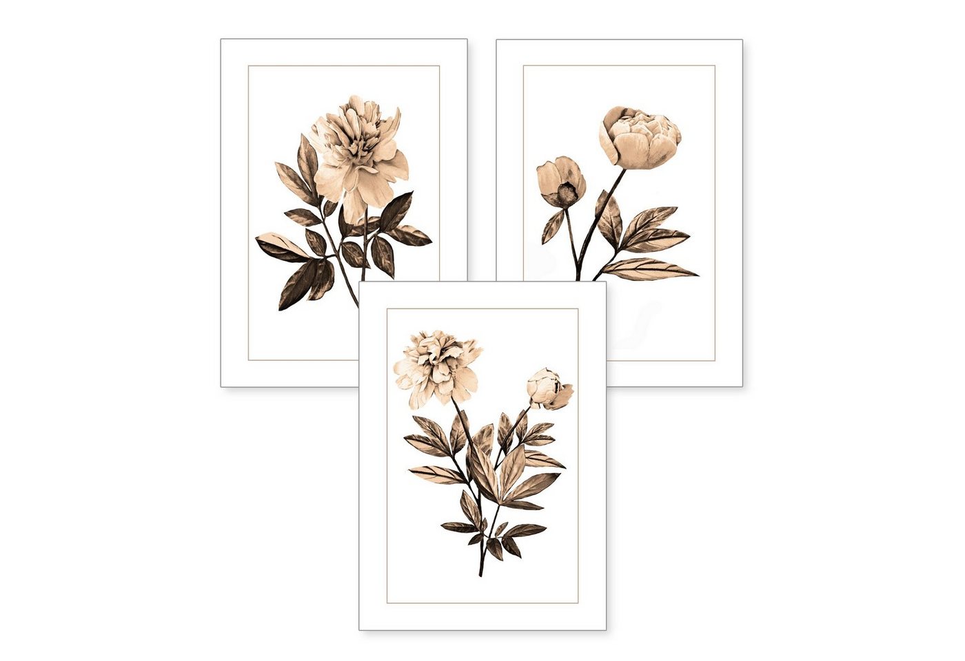 Kreative Feder Poster, Blume, Blüte, sepia, Zeichnung, Natur, Garten (Set, 4 St), 3-teiliges Poster-Set, Kunstdruck, Wandbild, optional mit Rahmen, wahlw. in DIN A4 / A3, 3-WP073 von Kreative Feder