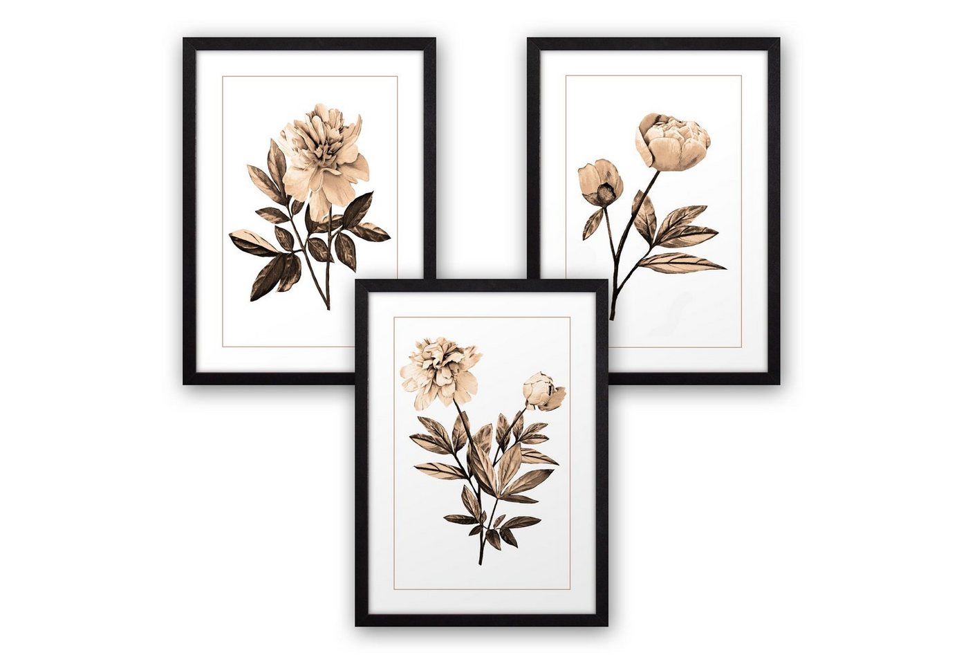 Kreative Feder Poster, Blume, Blüte, sepia, Zeichnung, Natur, Garten (Set, 4 St), 3-teiliges Poster-Set, Kunstdruck, Wandbild, optional mit Rahmen, wahlw. in DIN A4 / A3, 3-WP073 von Kreative Feder