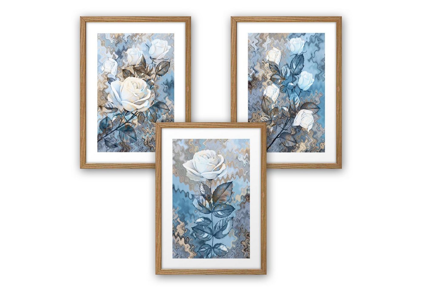 Kreative Feder Poster, Blume, Natur, Pflanze, Rose, blau, abstrakt (Set, 3 St), 3-teiliges Poster-Set, Kunstdruck, Wandbild, optional mit Rahmen, wahlw. in DIN A4 / A3, 3-WP078 von Kreative Feder