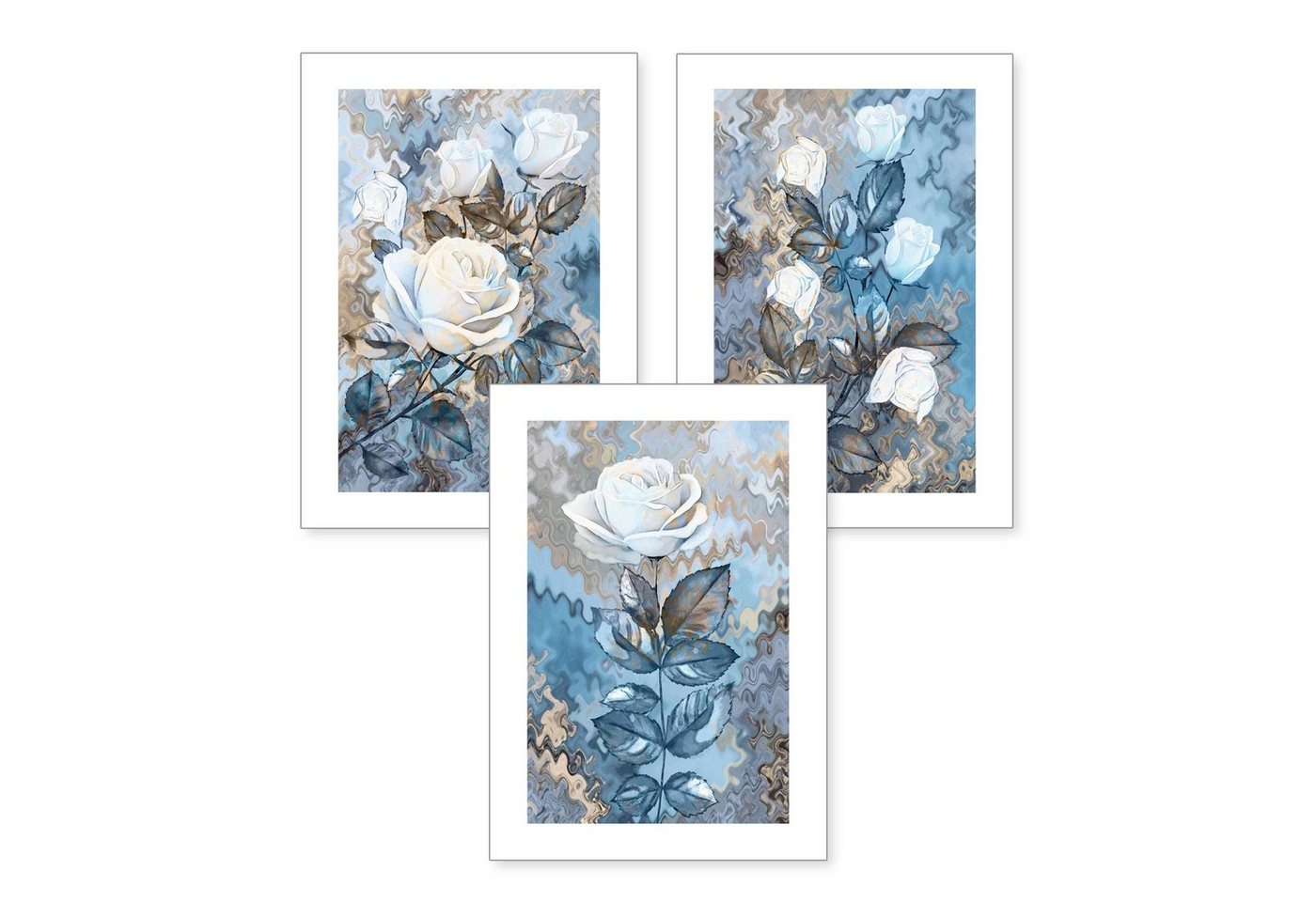 Kreative Feder Poster, Blume, Natur, Pflanze, Rose, blau, abstrakt (Set, 3 St), 3-teiliges Poster-Set, Wandbild, optional mit Rahmen, DIN A4 oder A3 von Kreative Feder