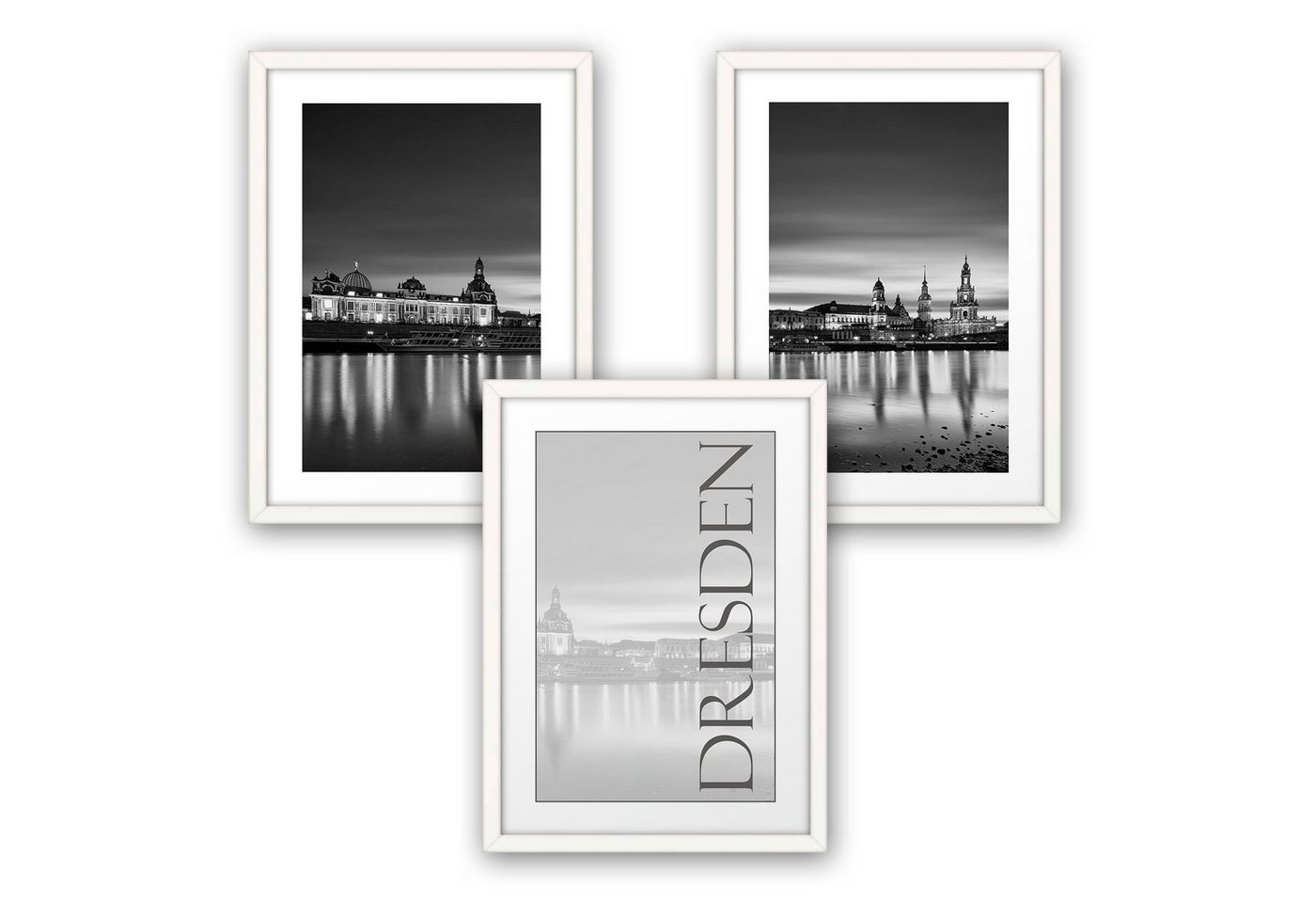 Kreative Feder Poster, Deutschland, Dresden, Stadt, City, Schwarz-Weiß, Architektur (Set, 3 St), 3-teiliges Poster-Set, Wandbild, optional mit Rahmen, DIN A4 oder A3 von Kreative Feder