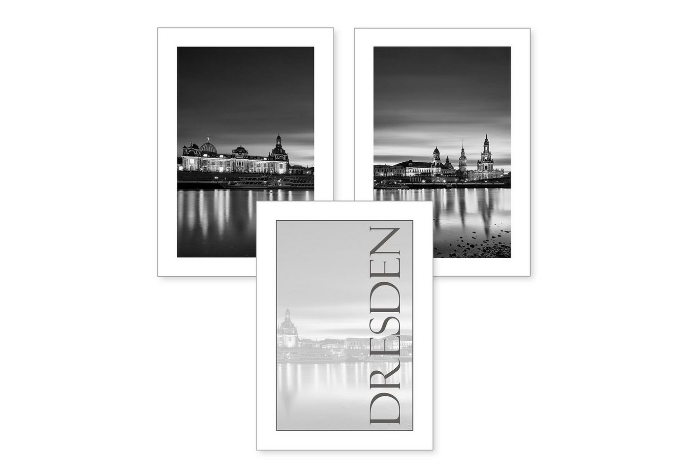 Kreative Feder Poster, Deutschland, Dresden, Stadt, City, Schwarz-Weiß, Architektur (Set, 3 St), 3-teiliges Poster-Set, Wandbild, optional mit Rahmen, DIN A4 oder A3 von Kreative Feder
