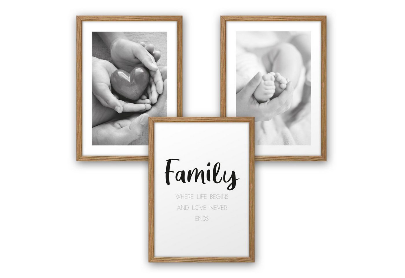 Kreative Feder Poster, Familie, Herz, Liebe, Eltern, Baby, Kind, Geburt, Spruch, Schwarz-Weiß, Fotografie (Set, 3 St), 3-teiliges Poster-Set, Kunstdruck, Wandbild, optional mit Rahmen, wahlw. in DIN A4 / A3, 3-WP101 von Kreative Feder