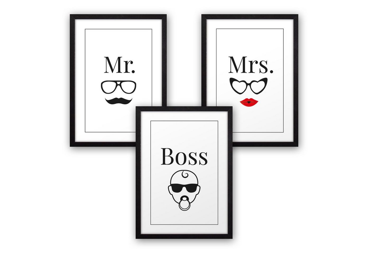 Kreative Feder Poster, Familie, Mr, Mrs, Ehe, Hochzeit, Kind, Baby, Boss, Brille (Set, 3 St), 3-teiliges Poster-Set, Kunstdruck, Wandbild, optional mit Rahmen, wahlw. in DIN A4 / A3, 3-WP089-A4 von Kreative Feder