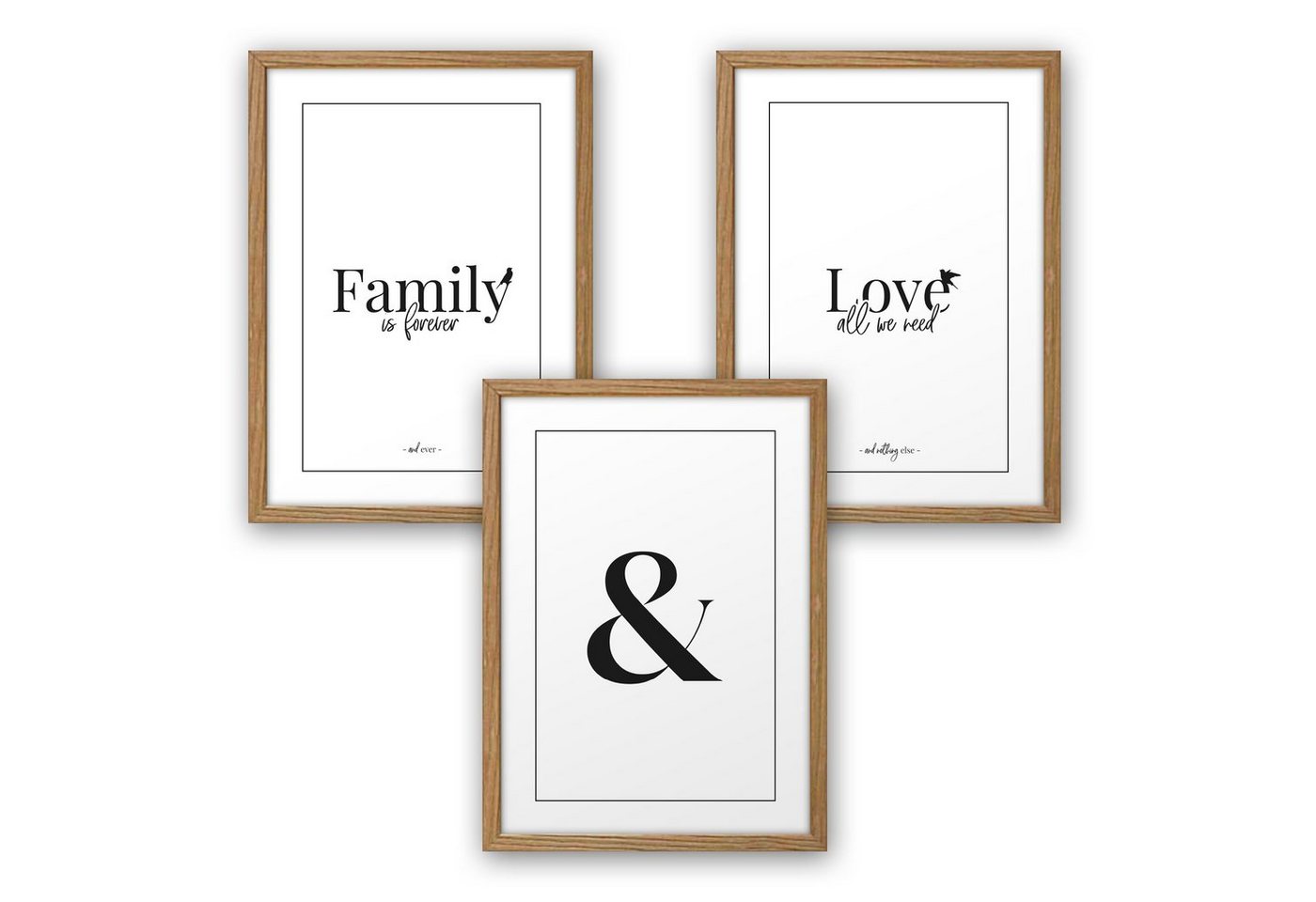 Kreative Feder Poster, Family, Love, Liebe, Familie, Schwarz-Weiß, Schrift (Set, 3 St), 3-teiliges Poster-Set, Wandbild, optional mit Rahmen, DIN A4 oder A3 von Kreative Feder