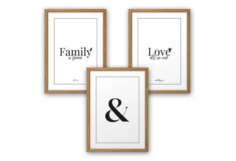 Kreative Feder Poster, Family, Love, Liebe, Familie, Schwarz-Weiß, Schrift (Set, 3 St), 3-teiliges Poster-Set, Kunstdruck, Wandbild, optional mit Rahmen, wahlw. in DIN A4 / A3, 3-WP082 von Kreative Feder