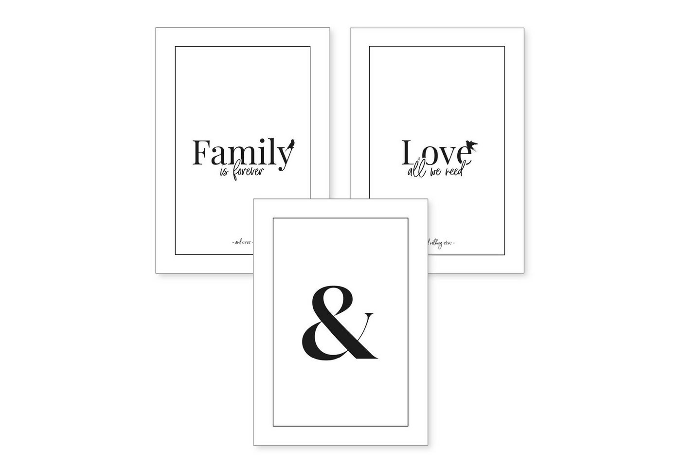 Poster, Family, Love, Liebe, Familie, Schwarz-Weiß, Schrift (Set, 3 St), 3-teiliges Poster-Set, Kunstdruck, Wandbild, optional mit Rahmen, wahlw. in DIN A4 / A3, 3-WP082 von Kreative Feder
