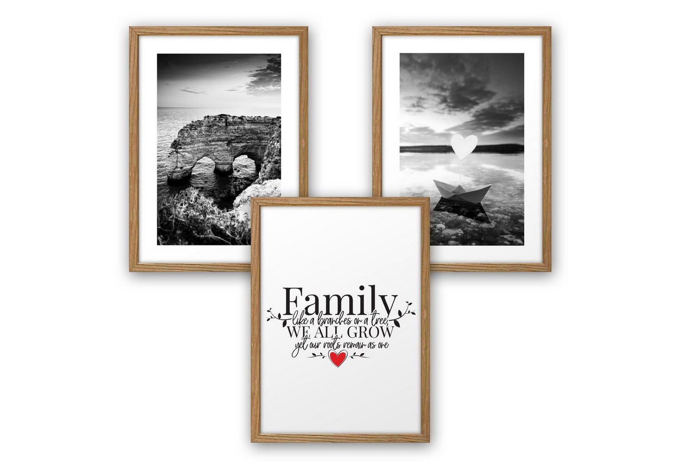 Kreative Feder Poster, Herz, Familie, Meer, Landschaft, Boot, Wasser, küste, Felsen, Natur (Set, 3 St), 3-teiliges Poster-Set, Kunstdruck, Wandbild, optional mit Rahmen, wahlw. in DIN A4 / A3, 3-WP099 von Kreative Feder