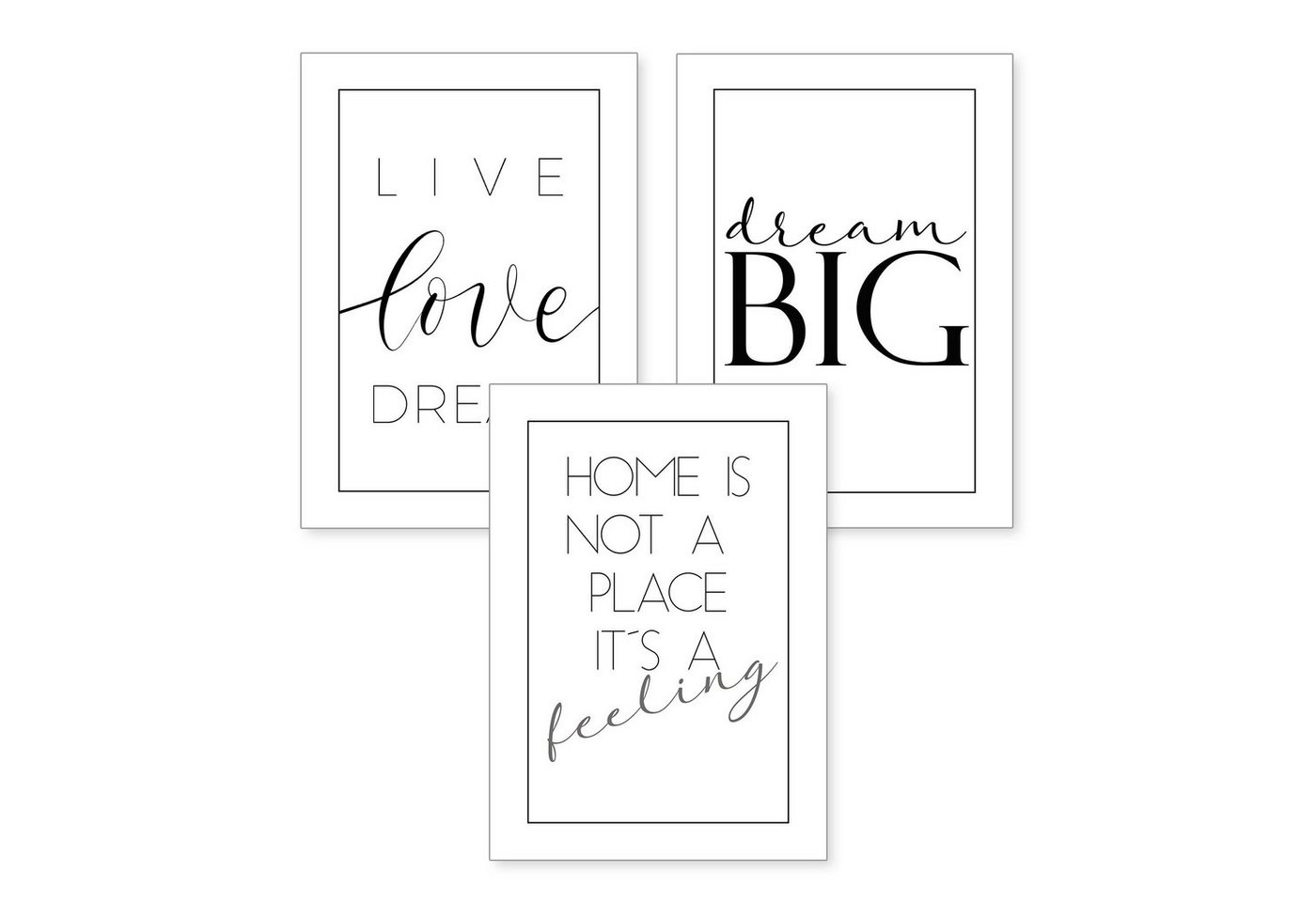 Kreative Feder Poster, Home, Love, Dream, Inspiration, Schrift, Schwarz-Weiß, Spruch (Set, 3 St), 3-teiliges Poster-Set, Kunstdruck, Wandbild, optional mit Rahmen, wahlw. in DIN A4 / A3, 3-WP057 von Kreative Feder