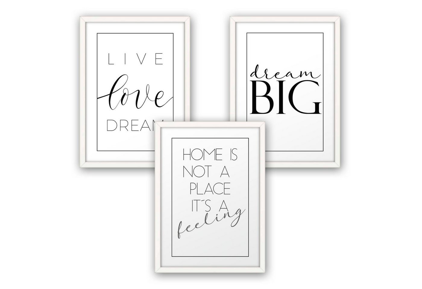 Poster, Home, Love, Dream, Inspiration, Schrift, Schwarz-Weiß, Spruch (Set, 3 St), 3-teiliges Poster-Set, Kunstdruck, Wandbild, optional mit Rahmen, wahlw. in DIN A4 / A3, 3-WP057 von Kreative Feder