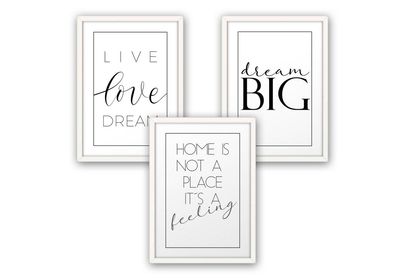 Kreative Feder Poster, Home, Love, Dream, Inspiration, Schrift, Schwarz-Weiß, Spruch (Set, 3 St), 3-teiliges Poster-Set, Wandbild, optional mit Rahmen, DIN A4 oder A3 von Kreative Feder