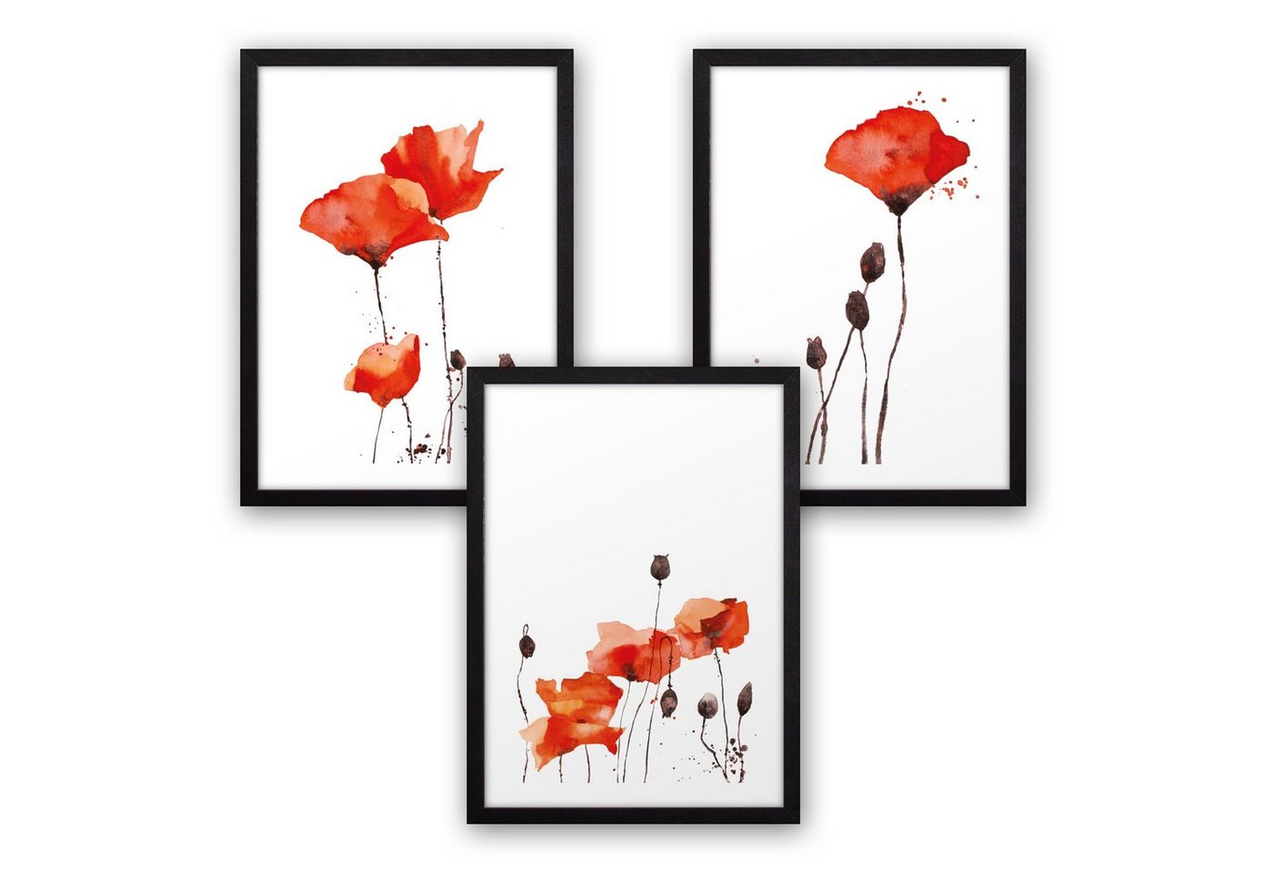 Kreative Feder Poster, Mohnblume, Blüte, Blume, Aquarell, rot (Set, 3 St), 3-teiliges Poster-Set, Kunstdruck, Wandbild, optional mit Rahmen, wahlw. in DIN A4 / A3, 3-WP016 von Kreative Feder