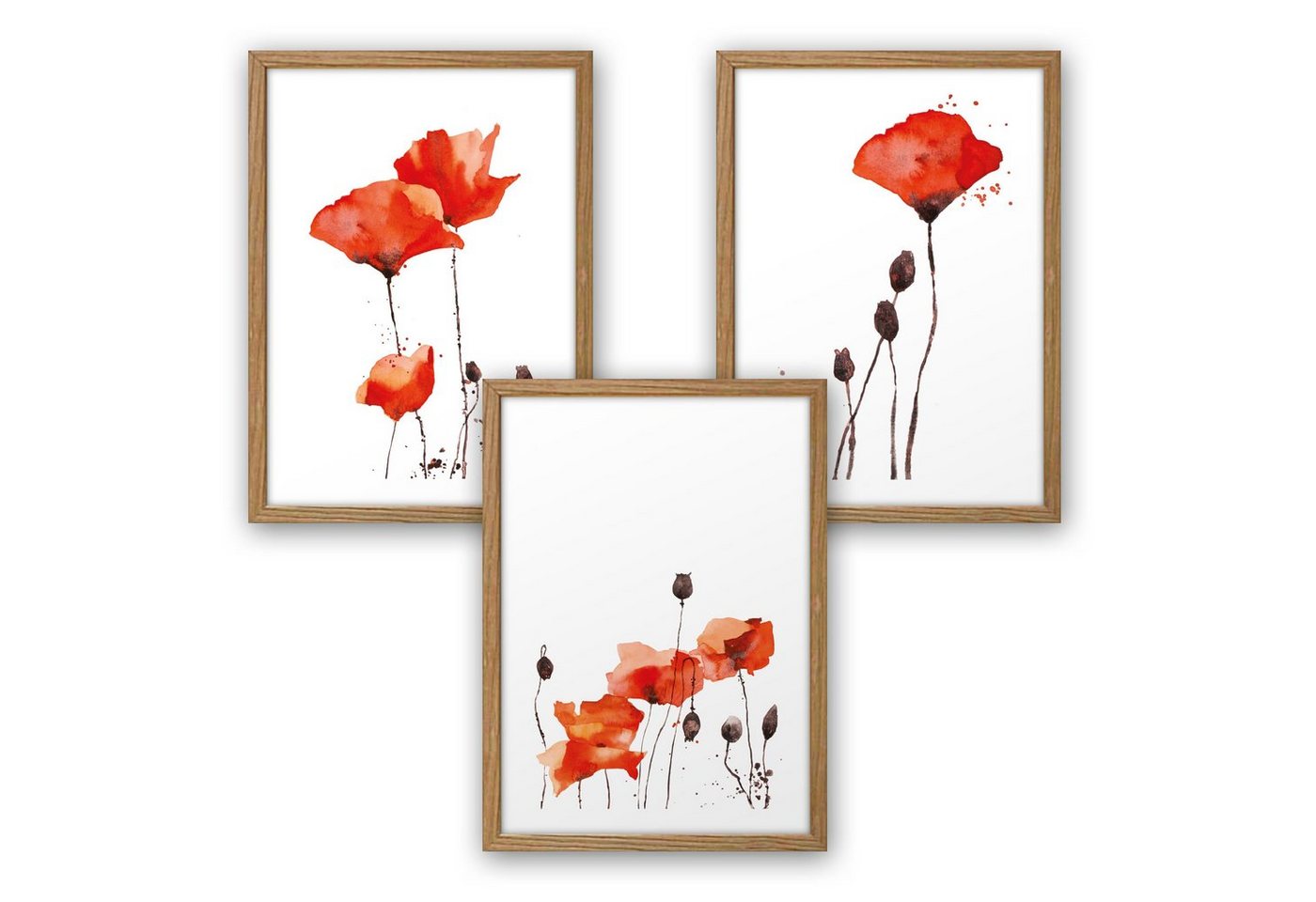 Kreative Feder Poster, Mohnblume, Blüte, Blume, Aquarell, rot (Set, 3 St), 3-teiliges Poster-Set, Kunstdruck, Wandbild, optional mit Rahmen, wahlw. in DIN A4 / A3, 3-WP016 von Kreative Feder