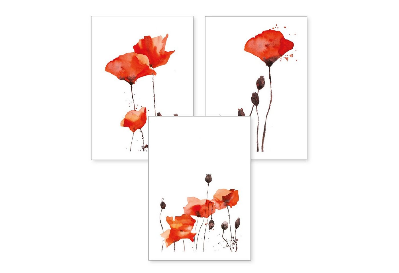Kreative Feder Poster, Mohnblume, Blüte, Blume, Aquarell, rot (Set, 3 St), 3-teiliges Poster-Set, Kunstdruck, Wandbild, optional mit Rahmen, wahlw. in DIN A4 / A3, 3-WP016 von Kreative Feder