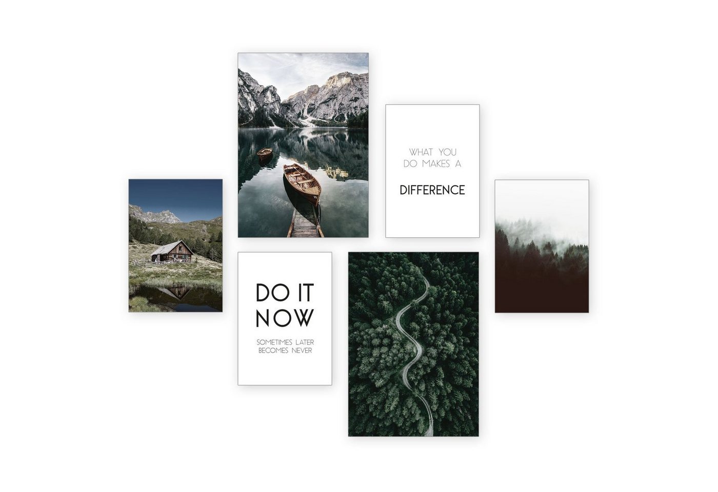 Kreative Feder Poster, Motivation, Inspiration, Natur, Landschaft, See, Boot, Wald (Set, 6 St), 6-teiliges Poster-Set, Wandbild, Posterwand, optional mit Rahmen von Kreative Feder