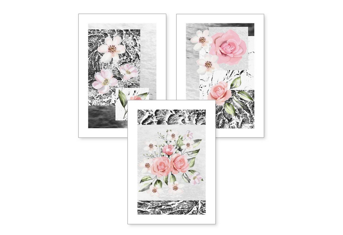 Kreative Feder Poster, Natur, Blüte, Blume, Collage, abstrakt (Set, 3 St), 3-teiliges Poster-Set, Kunstdruck, Wandbild, optional mit Rahmen, wahlw. in DIN A4 / A3, 3-WP076 von Kreative Feder