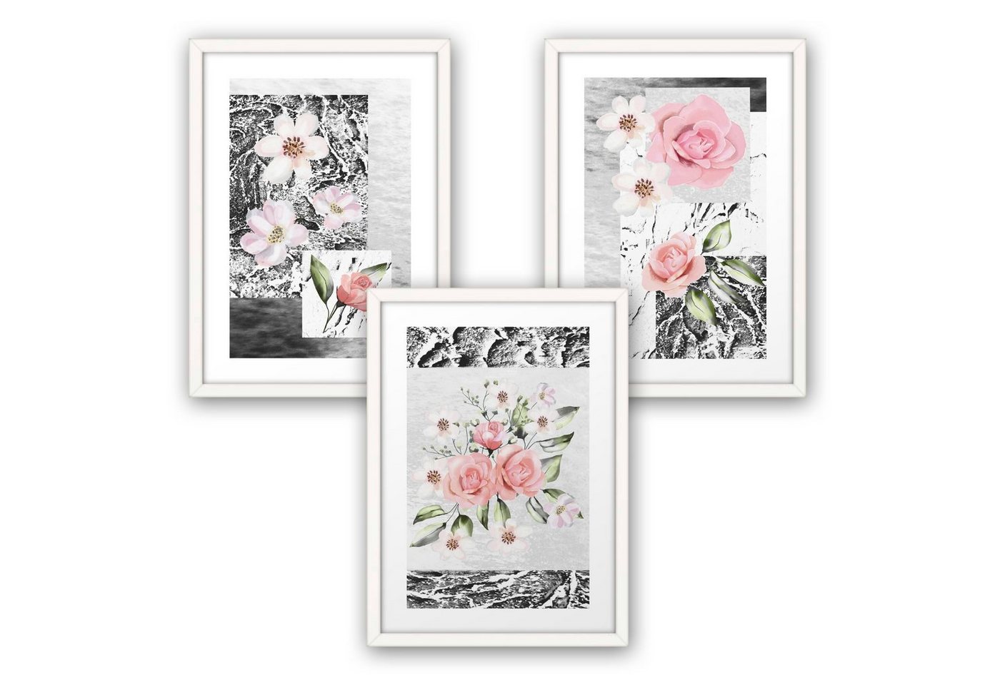 Poster, Natur, Blüte, Blume, Collage, abstrakt (Set, 3 St), 3-teiliges Poster-Set, Kunstdruck, Wandbild, optional mit Rahmen, wahlw. in DIN A4 / A3, 3-WP076 von Kreative Feder