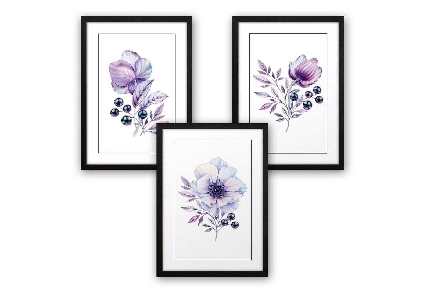 Kreative Feder Poster, Natur, Blumen, lila, violett, Zeichnung, Aquarell (Set, 3 St), 3-teiliges Poster-Set, Kunstdruck, Wandbild, optional mit Rahmen, wahlw. in DIN A4 / A3, 3-WP116 von Kreative Feder