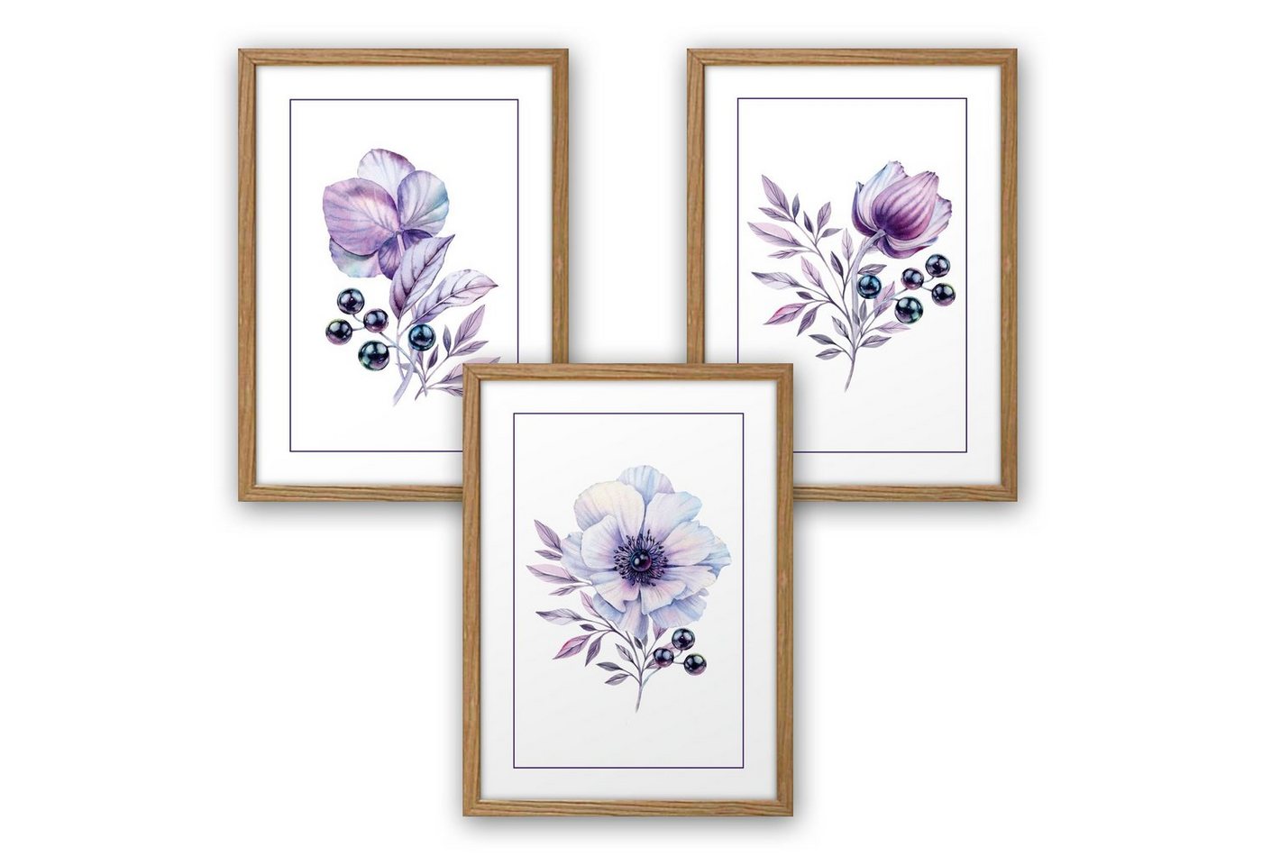 Kreative Feder Poster, Natur, Blumen, lila, violett, Zeichnung, Aquarell (Set, 3 St), 3-teiliges Poster-Set, Kunstdruck, Wandbild, optional mit Rahmen, wahlw. in DIN A4 / A3, 3-WP116 von Kreative Feder