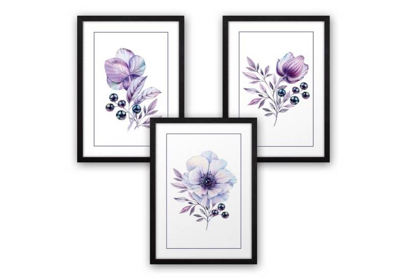 Kreative Feder Poster, Natur, Blumen, lila, violett, Zeichnung, Aquarell (Set, 3 St), 3-teiliges Poster-Set, Kunstdruck, Wandbild, optional mit Rahmen, wahlw. in DIN A4 / A3, 3-WP116 von Kreative Feder