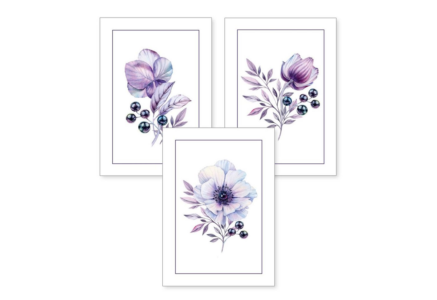 Kreative Feder Poster, Natur, Blumen, lila, violett, Zeichnung, Aquarell (Set, 3 St), 3-teiliges Poster-Set, Kunstdruck, Wandbild, optional mit Rahmen, wahlw. in DIN A4 / A3, 3-WP116 von Kreative Feder