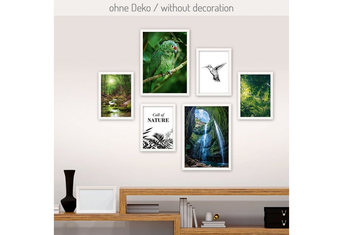 Poster, Natur, Dschungel, Wald, Bäume, Wasserfall, Papagei, Vogel, Kolibri (Set, 6 St), 6-teiliges Poster-Set, Kunstdruck, Wandbild, Posterwand, Bilderwand, optional mit Rahmen, WP524 von Kreative Feder