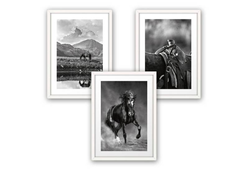 Poster, Natur, Landschaft, Tier, Pferd, Reiten, Schwarz-Weiß, Fotografie (Set, 3 St), 3-teiliges Poster-Set, Kunstdruck, Wandbild, optional mit Rahmen, wahlw. in DIN A4 / A3, 3-WP104 von Kreative Feder