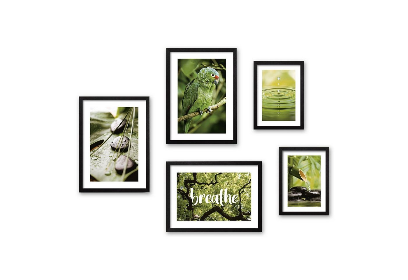 Kreative Feder Poster, Natur, Papagei, Regenwald, Wald, Bäume, Bambus, Wasser, Entspannung (Set, 5 St), 5-teiliges Poster-Set, Kunstdruck, Wandbild, Posterwand, Bilderwand, optional mit Rahmen, WP615 von Kreative Feder