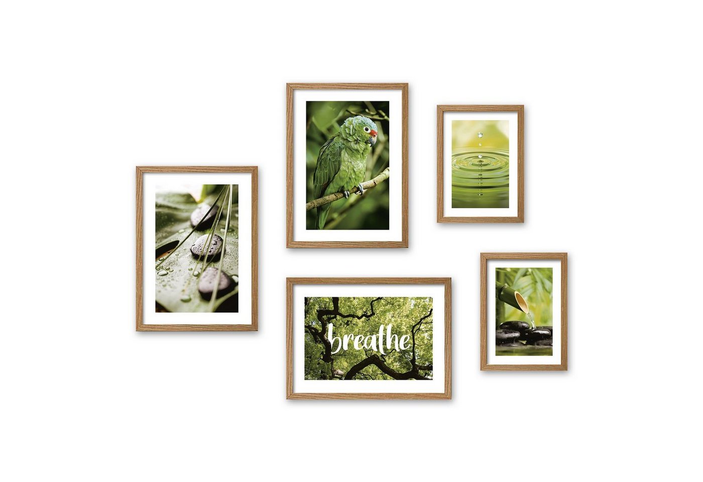 Kreative Feder Poster, Natur, Papagei, Regenwald, Wald, Bäume, Bambus, Wasser, Entspannung (Set, 5 St), 5-teiliges Poster-Set, Kunstdruck, Wandbild, Posterwand, Bilderwand, optional mit Rahmen, WP615 von Kreative Feder