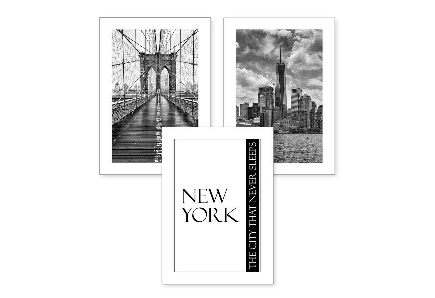 Kreative Feder Poster, New York, City, Stadt, Amerika, Schwarz-Weiß, Brücke, Wolkenkratzer (Set, 3 St), 3-teiliges Poster-Set, Kunstdruck, Wandbild, optional mit Rahmen, wahlw. in DIN A4 / A3, 3-WP061 von Kreative Feder