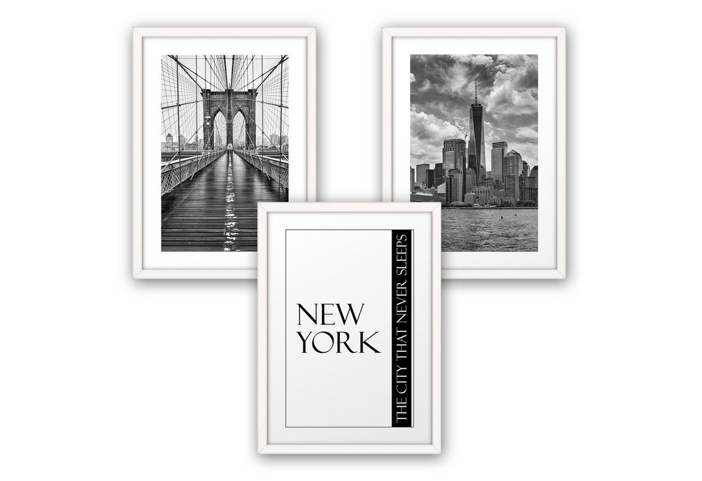 Kreative Feder Poster, New York, City, Stadt, Amerika, Schwarz-Weiß, Brücke, Wolkenkratzer (Set, 3 St), 3-teiliges Poster-Set, Wandbild, optional mit Rahmen, DIN A4 oder A3 von Kreative Feder