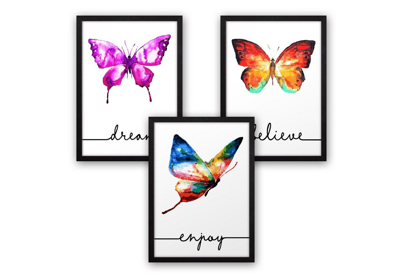 Kreative Feder Poster, Schmetterlinge, bunt, Aquarell (Set, 3 St), 3-teiliges Poster-Set, Wandbild, optional mit Rahmen, DIN A4 oder A3 von Kreative Feder