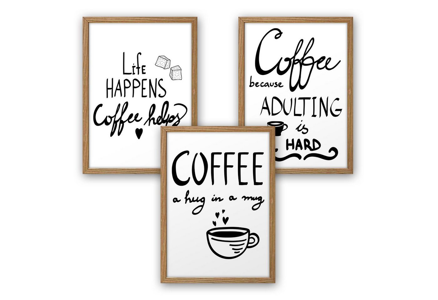 Kreative Feder Poster, Schwarz-Weiß, Text, Schrift, Kaffee, Coffee (Set, 3 St), 3-teiliges Poster-Set, Kunstdruck, Wandbild, optional mit Rahmen, wahlw. in DIN A4 / A3, 3-WP098 von Kreative Feder