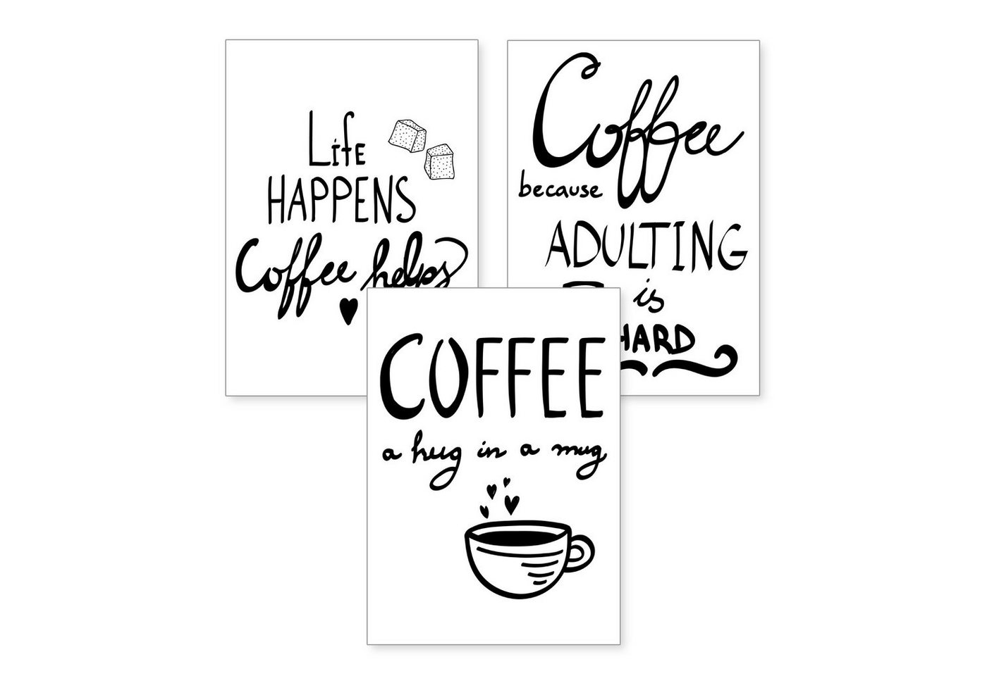 Kreative Feder Poster, Schwarz-Weiß, Text, Schrift, Kaffee, Coffee (Set, 3 St), 3-teiliges Poster-Set, Kunstdruck, Wandbild, optional mit Rahmen, wahlw. in DIN A4 / A3, 3-WP098 von Kreative Feder