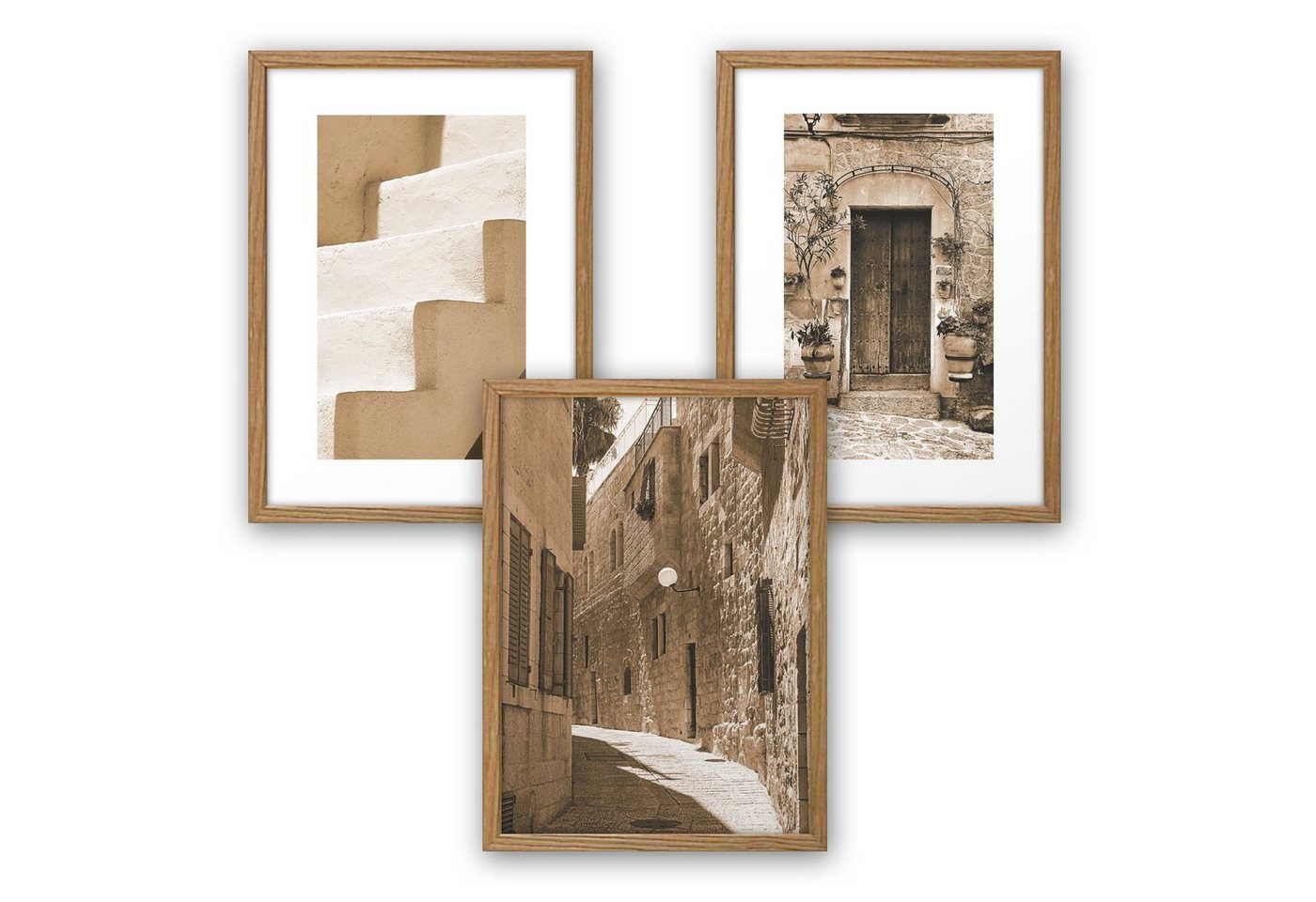 Kreative Feder Poster, Sepia, Fotografie, Stadt, historisch, Altstadt, Treppe, Holztür (Set, 3 St), 3-teiliges Poster-Set, Kunstdruck, Wandbild, optional mit Rahmen, wahlw. in DIN A4 / A3, 3-WP122 von Kreative Feder