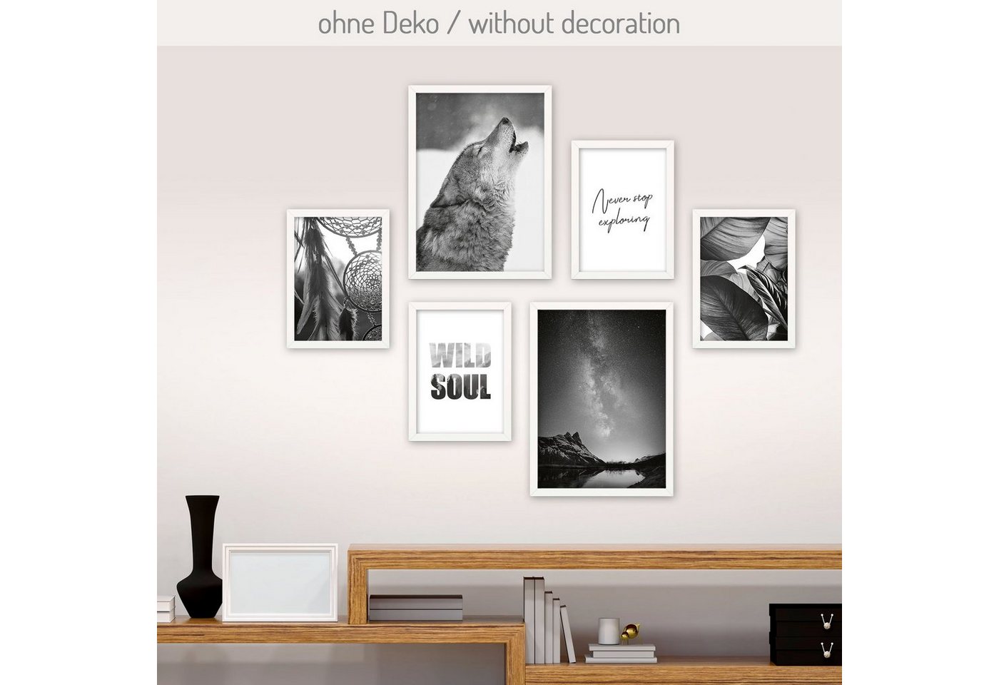 Poster, Wolf, Natur, Landschaft, Traumfänger, Blätter, Spruch (Set, 6 St), 6-teiliges Poster-Set, Kunstdruck, Wandbild, Posterwand, Bilderwand, optional mit Rahmen, WP513 von Kreative Feder