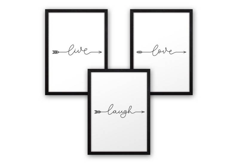 Kreative Feder Poster, live, love, laugh, Pfeil, Schrift, Schwarz-Weiß, Liebe, Lachen, Leben (Set, 3 St), 3-teiliges Poster-Set, Kunstdruck, Wandbild, optional mit Rahmen, wahlw. in DIN A4 / A3, 3-WP093 von Kreative Feder