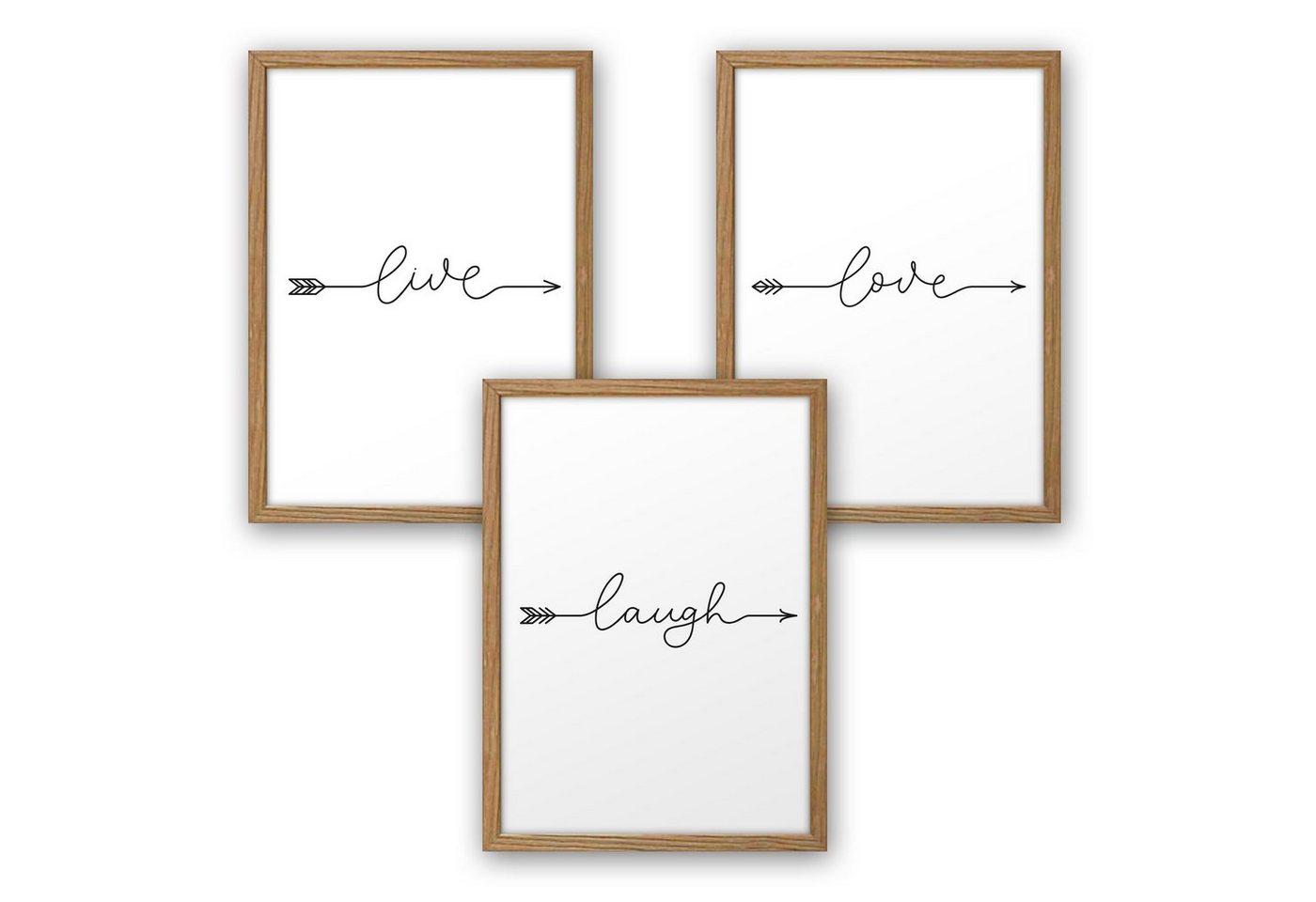 Kreative Feder Poster, live, love, laugh, Pfeil, Schrift, Schwarz-Weiß, Liebe, Lachen, Leben (Set, 3 St), 3-teiliges Poster-Set, Kunstdruck, Wandbild, optional mit Rahmen, wahlw. in DIN A4 / A3, 3-WP093 von Kreative Feder