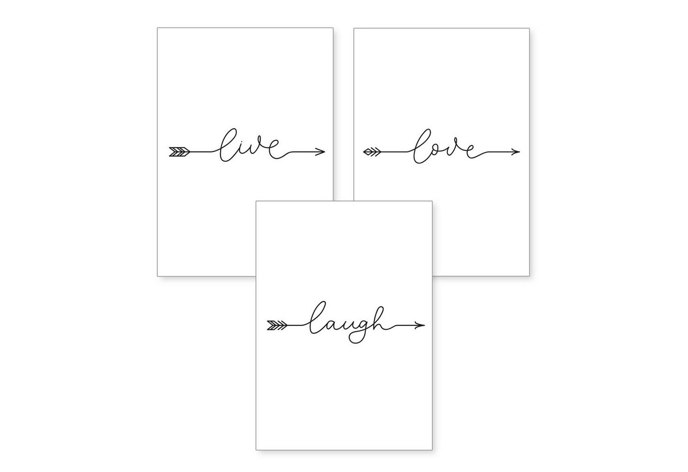 Kreative Feder Poster, live, love, laugh, Pfeil, Schrift, Schwarz-Weiß, Liebe, Lachen, Leben (Set, 3 St), 3-teiliges Poster-Set, Kunstdruck, Wandbild, optional mit Rahmen, wahlw. in DIN A4 / A3, 3-WP093 von Kreative Feder