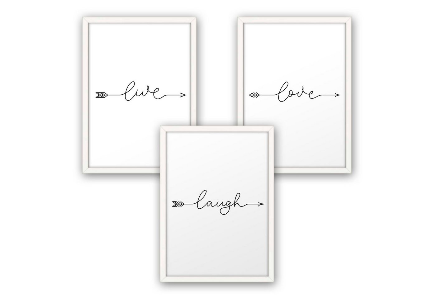 Kreative Feder Poster, live, love, laugh, Pfeil, Schrift, Schwarz-Weiß, Liebe, Lachen, Leben (Set, 3 St), 3-teiliges Poster-Set, Wandbild, optional mit Rahmen, DIN A4 oder A3 von Kreative Feder