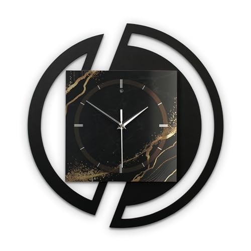 Kreative Feder Runde 3D Designer-Wanduhr Black & Gold Waves in modernem Metallic-Look Silber-schwarz ohne Tickgeräusche (Black & Gold Waves, leises Quarzuhrwerk) von Kreative Feder