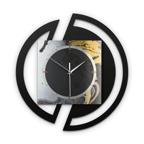 Kreative Feder Runde 3D Designer-Wanduhr Gold & Black Ink in modernem Metallic-Look Silber-schwarz ohne Tickgeräusche (Gold & Black Ink, leises Funkuhrwerk) von Kreative Feder