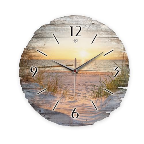 Kreative Feder Runde Wanduhr „Strand“ aus Naturholz mit flüsterleisem Uhrwerk; Durchmesser 30cm (Strand, leises Funkuhrwerk) von Kreative Feder