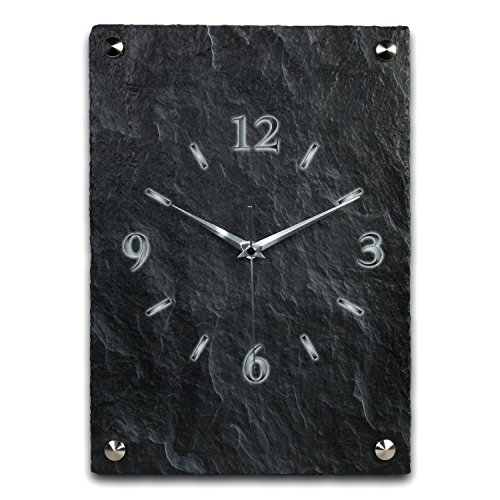 Kreative Feder Designer-Wanduhr aus Stein (Beton) Größe ca. 35 x 25cm mit flüsterleisem Funkuhrwerk - Schiefer Optik schwarz von Kreative Feder