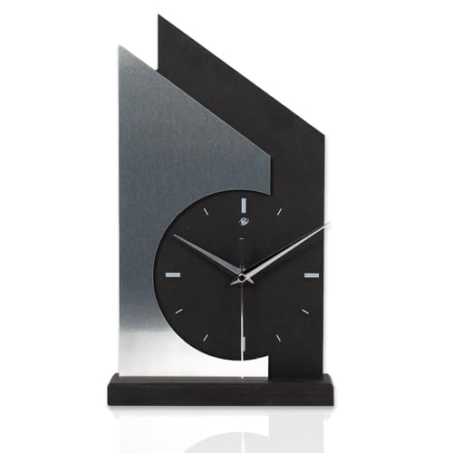 Kreative Feder Standuhr „Skyscraper“ aus Holz – Schwarze Tisch-Uhr mit silberfarbener Applikation aus gebürstetem Aluminium; Größe ca. 34,5x20x5cm (Applikation Alu Silber, leises Quarzuhrwerk) von Kreative Feder