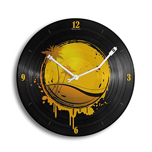 Kreative Feder Tropical Sun Music Schallplatten-Uhr Retro Vinyl Designer Funk Wanduhr leise Funkuhr ohne Ticken 30cm WSP036FL (leises Funkuhrwerk) von Kreative Feder