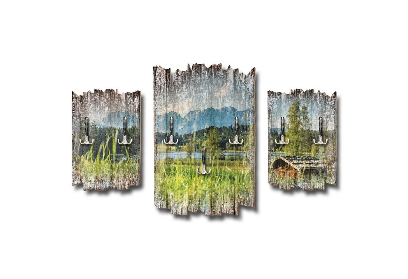 Kreative Feder Wandgarderobe Alpenseepanorama, Dreiteilige Wandgarderobe aus Holz von Kreative Feder