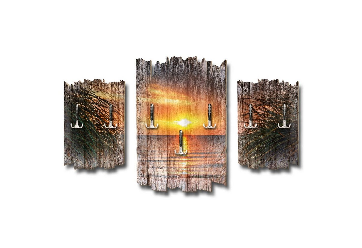 Kreative Feder Wandgarderobe Sonnenuntergang Meer, Dreiteilige Wandgarderobe, Holz, Wandbild, Wanddeko, Garderobe, Kleiderhaken, Natur, Landschaft von Kreative Feder