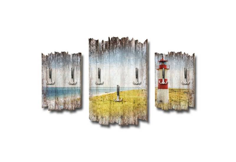 Kreative Feder Wandgarderobe Strandpanorama Leuchtturm, Dreiteilige Wandgarderobe aus Holz von Kreative Feder