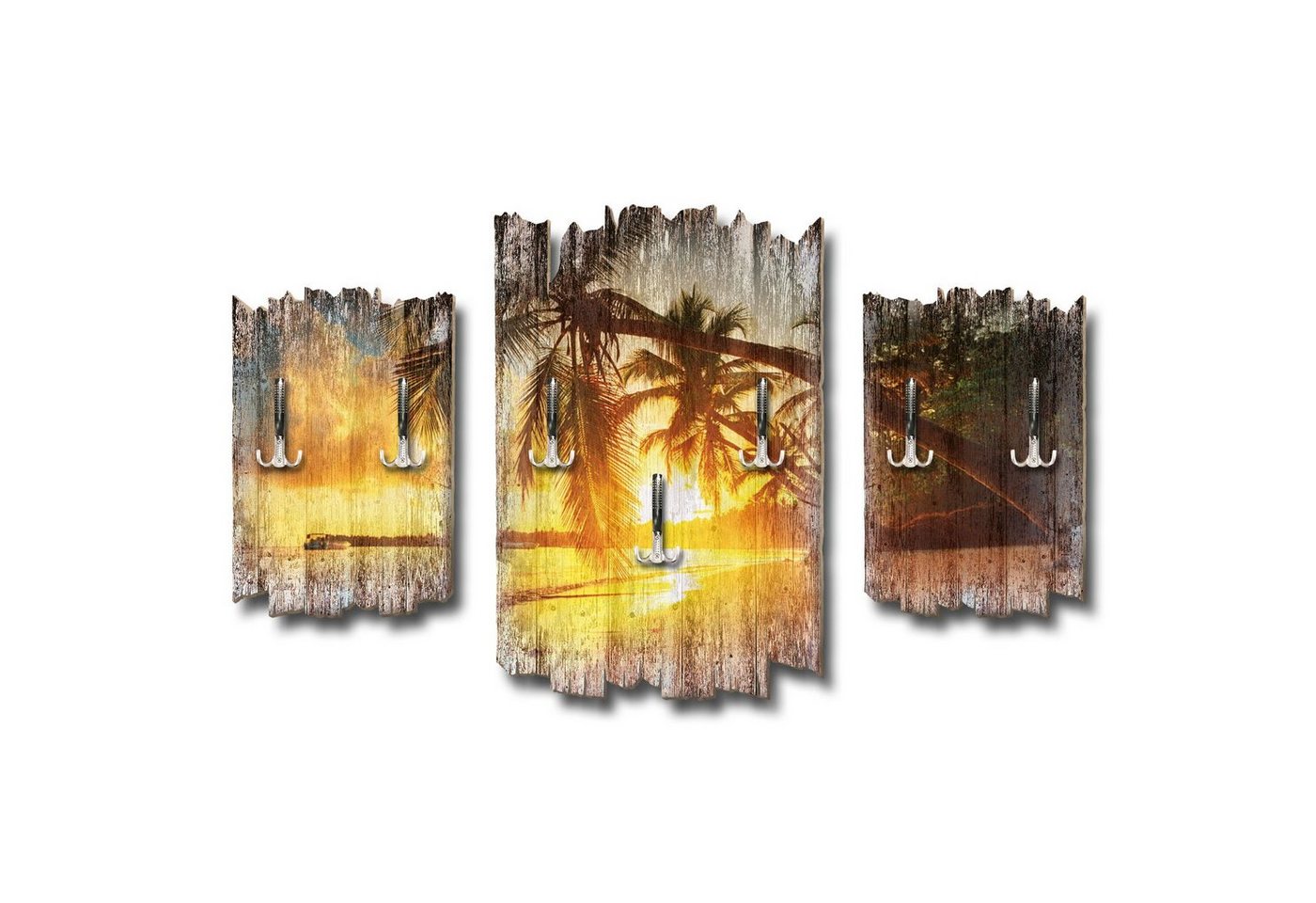 Kreative Feder Wandgarderobe Urlaubsstrand, Dreiteilige Wandgarderobe aus Holz von Kreative Feder
